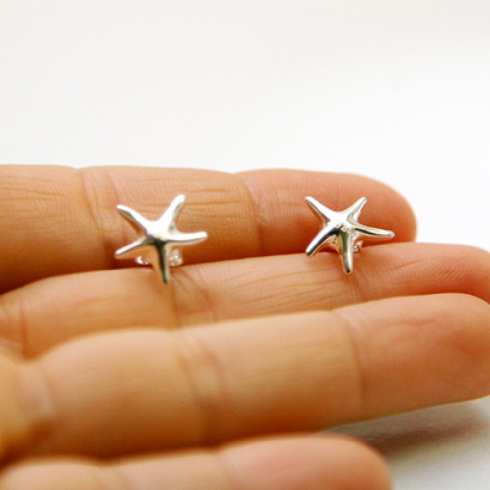 Tiny Starfish Stud Earrings, Silver Plated - image 3
